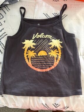 Volcom Charcoal Tank with Yellow-Orange Sunset Palm Graphic